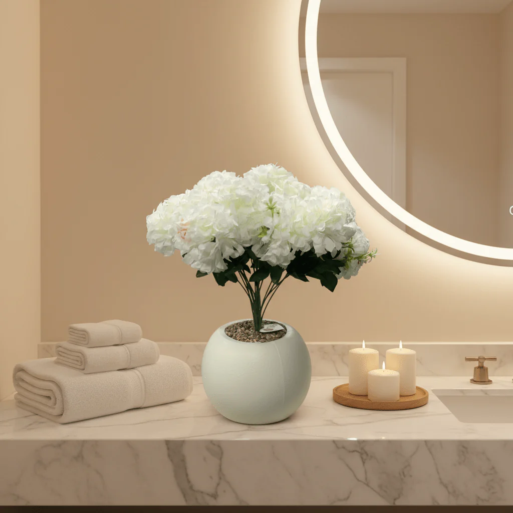 White Artificial Hydrangea Arrangement | Cream Sphere Pot | 35cm - Image 3