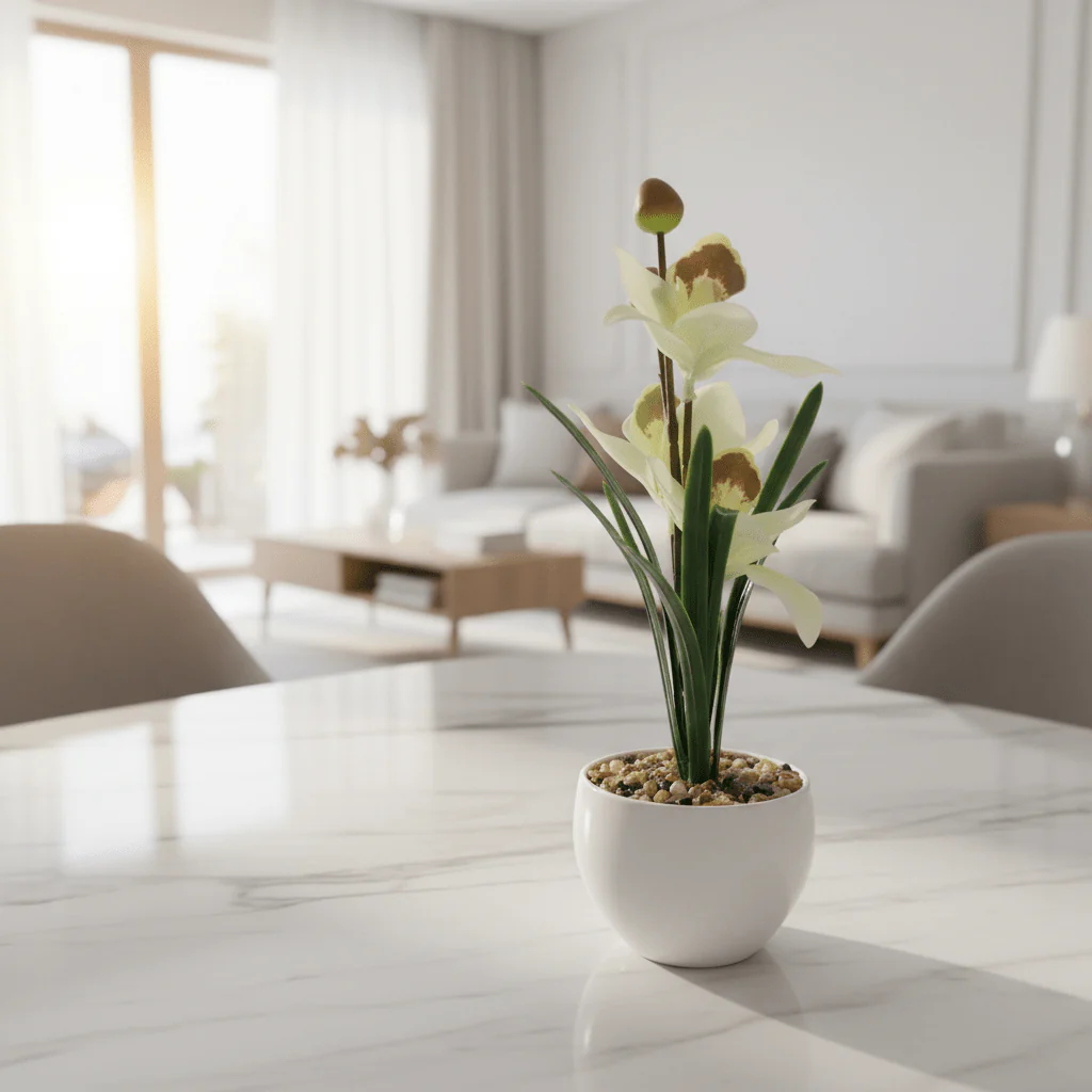 Artificial White Orchid Flower Arrangement – White Ceramic Pot | 25cm - Image 2