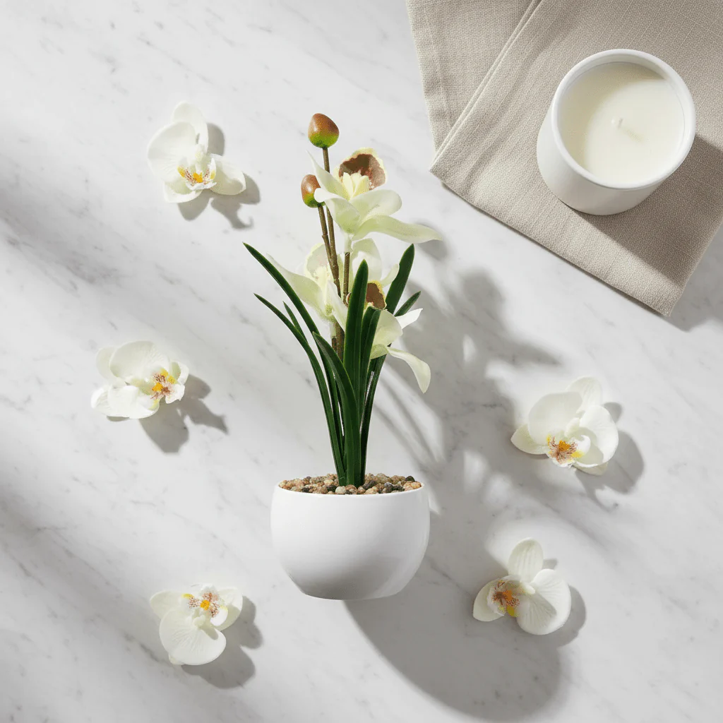 Artificial White Orchid Flower Arrangement – White Ceramic Pot | 25cm - Image 3