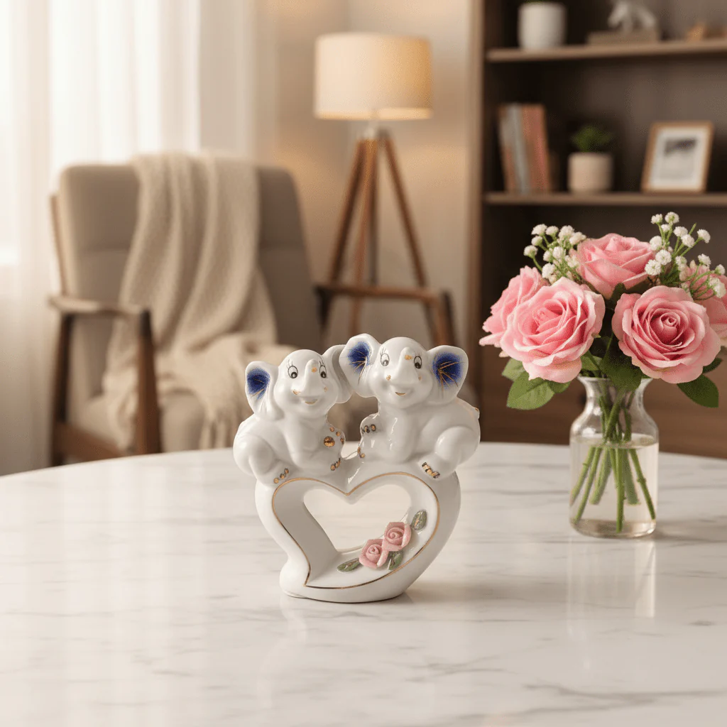 White Ceramic Elephant Couple Figurine – Heart & Rose Décor Piece, 13cm - Image 2