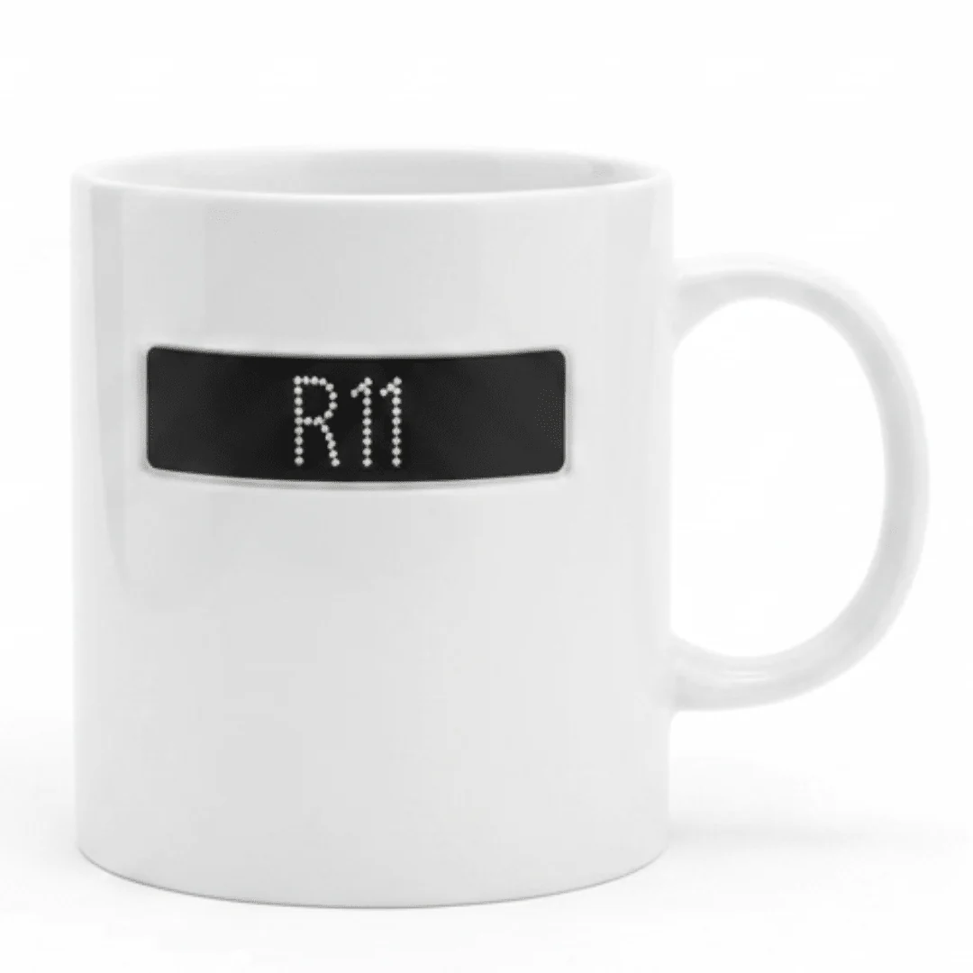 R11 Ceramic Mug 350ml | White Mug with Rhinestone Black Label Design
