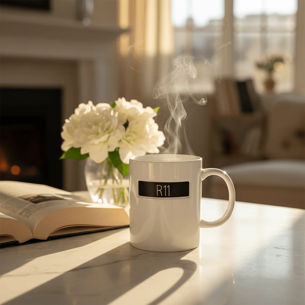 R11 Ceramic Mug 350ml | White Mug with Rhinestone Black Label Design - Image 3