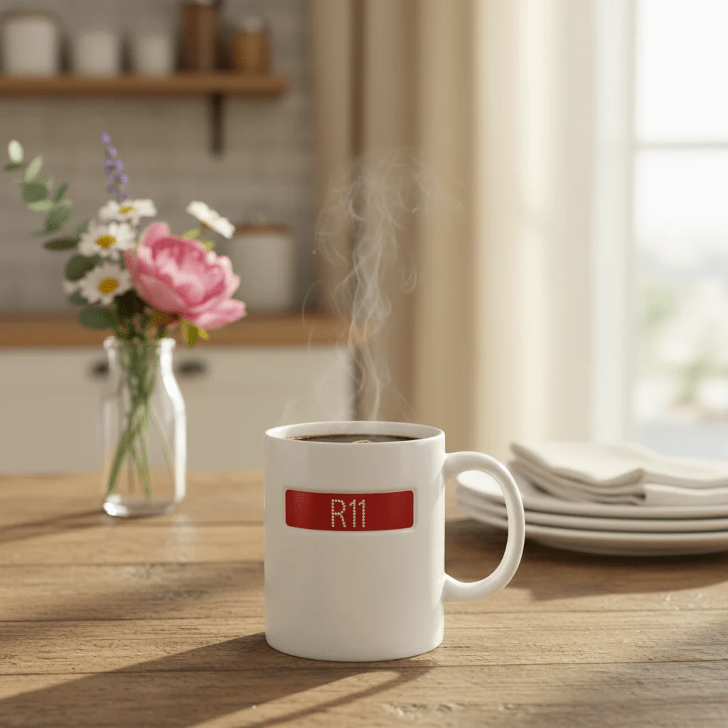 White Ceramic Mug with Red R11 Signature Design | 350ml Premium Coffee & Tea Mug - Image 2