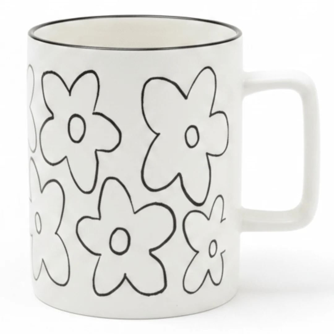 White Ceramic Daisy Flower Mug – 400ml | Black Print & Rim