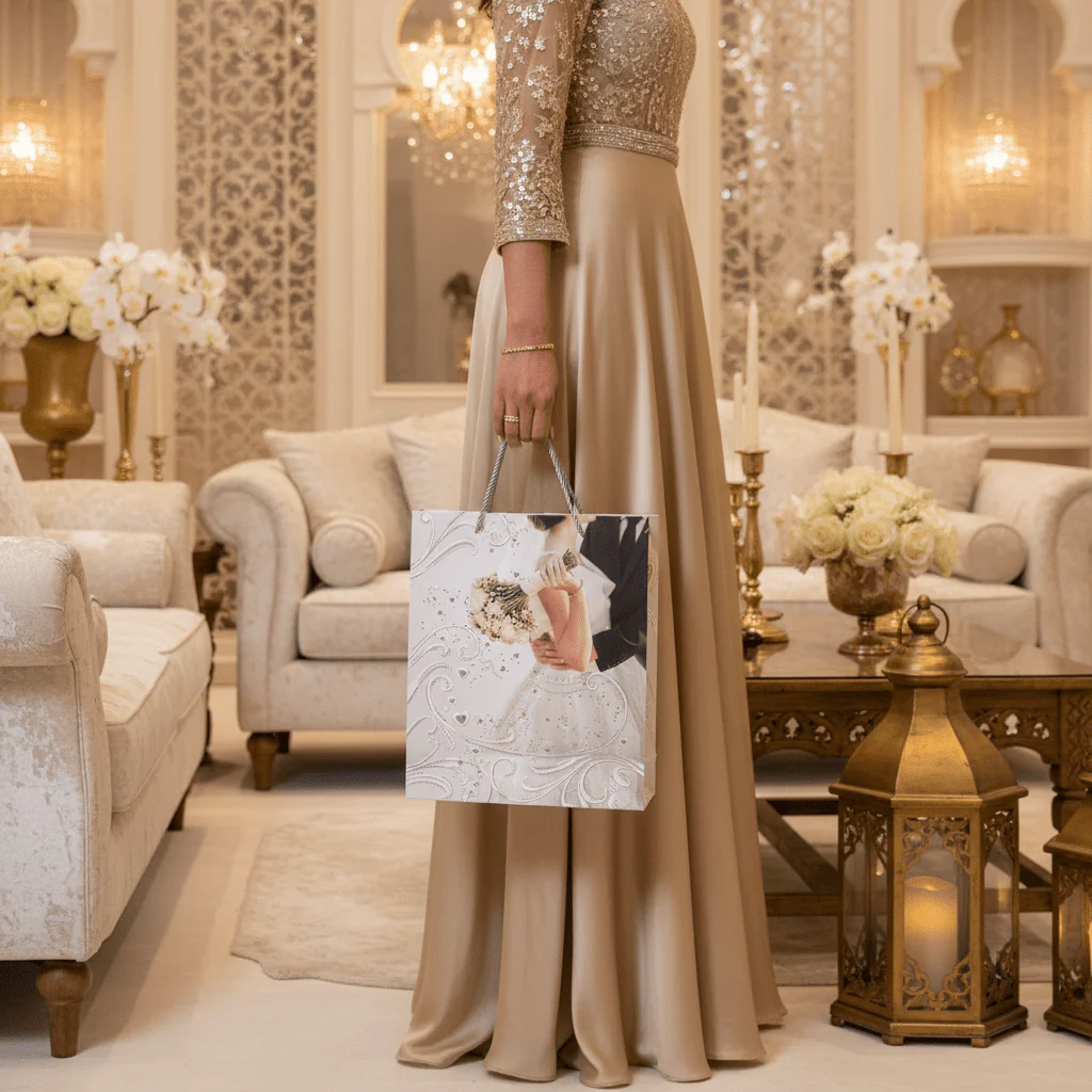 White Elegant Paper Gift Bag with Rope Handles | Wedding & Bridal Design | 32×26cm | Premium Glossy Finish - Image 3