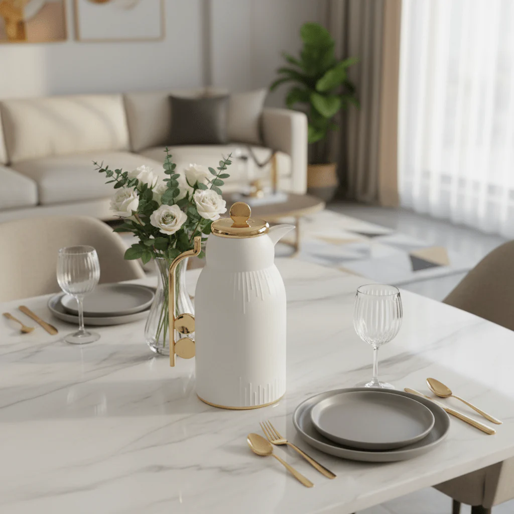 White & Gold Vacuum Flask — 1 Litre | Thermal Insulated Carafe - Image 2