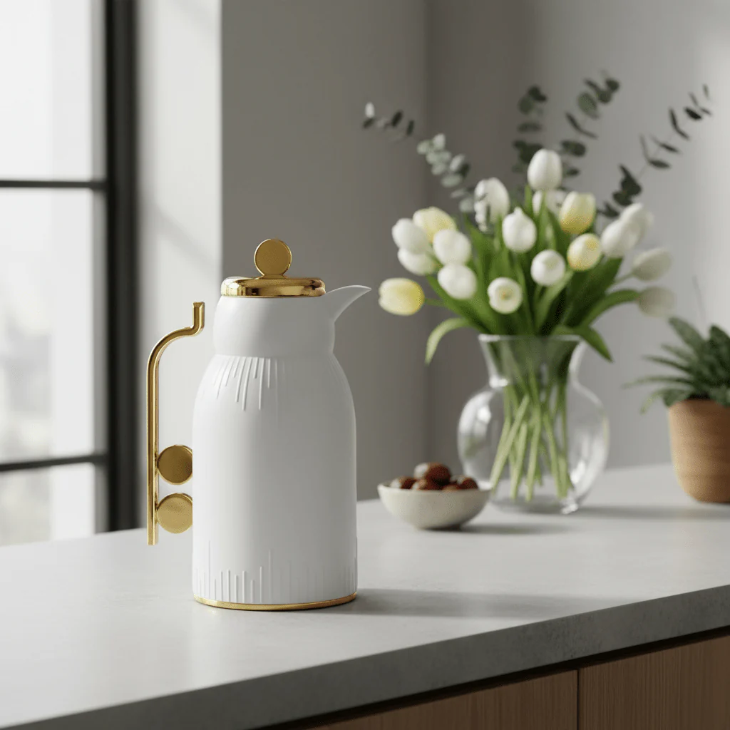 White & Gold Vacuum Flask — 1 Litre | Thermal Insulated Carafe - Image 4
