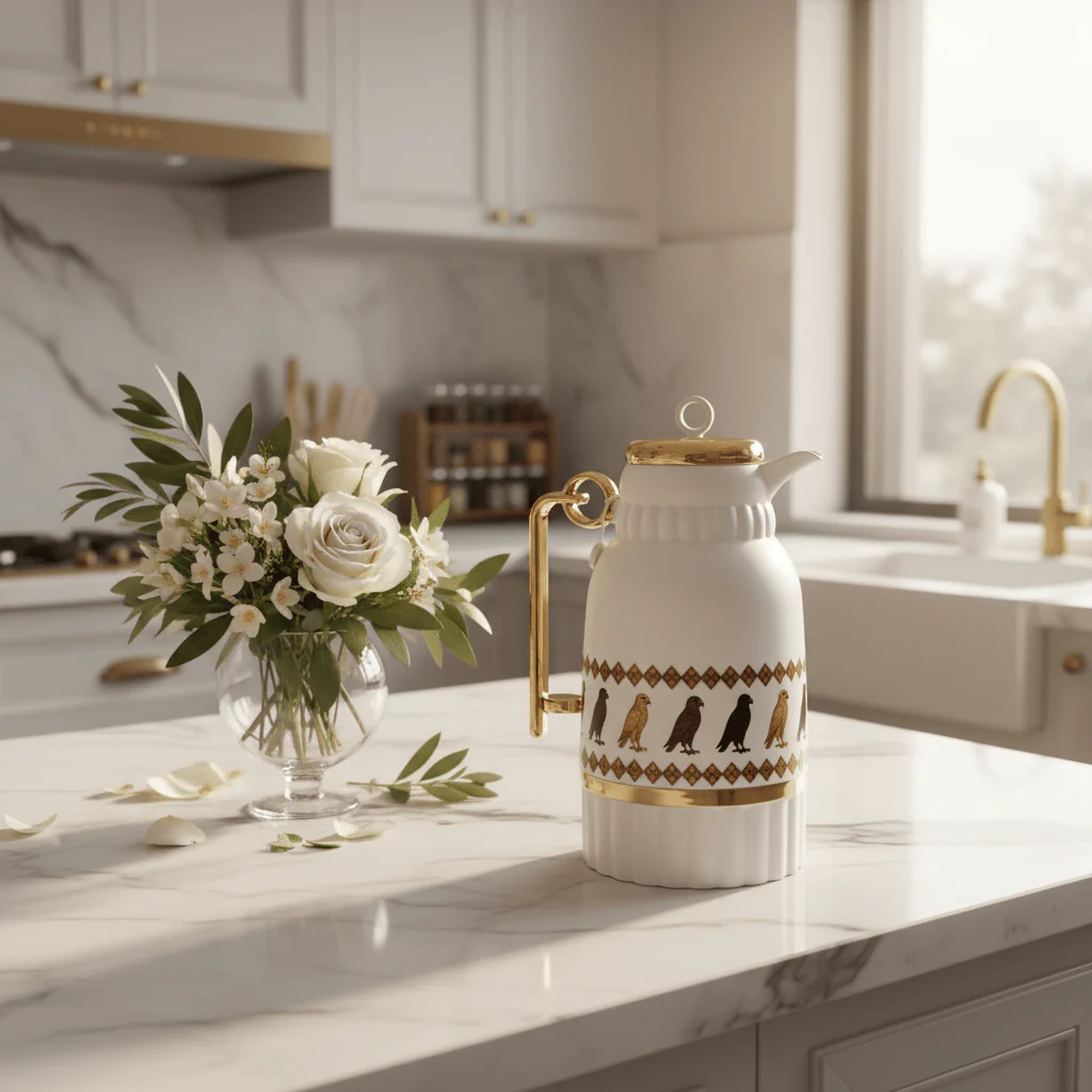 White & Gold Vacuum Flask with Heritage Bird Motif 1 Litre - Image 4