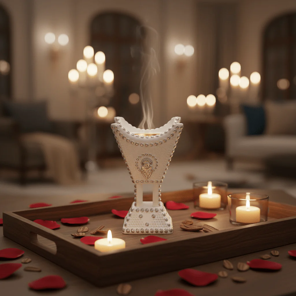 White & Silver Chalk Incense Burner | Arabic Majlis Bakhoor Holder | 13×8 cm - Image 3