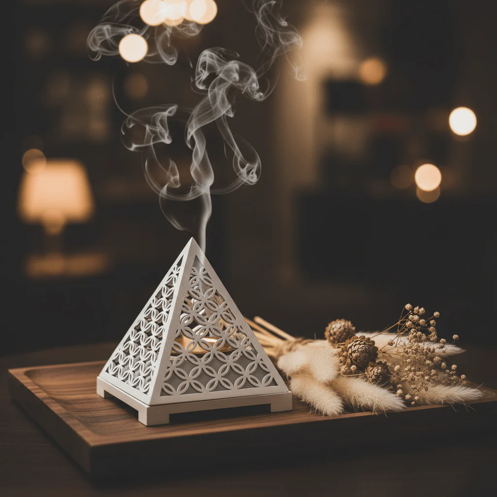 White Pyramid Incense Burner — Geometric Lattice with Gold Bowl - Image 2