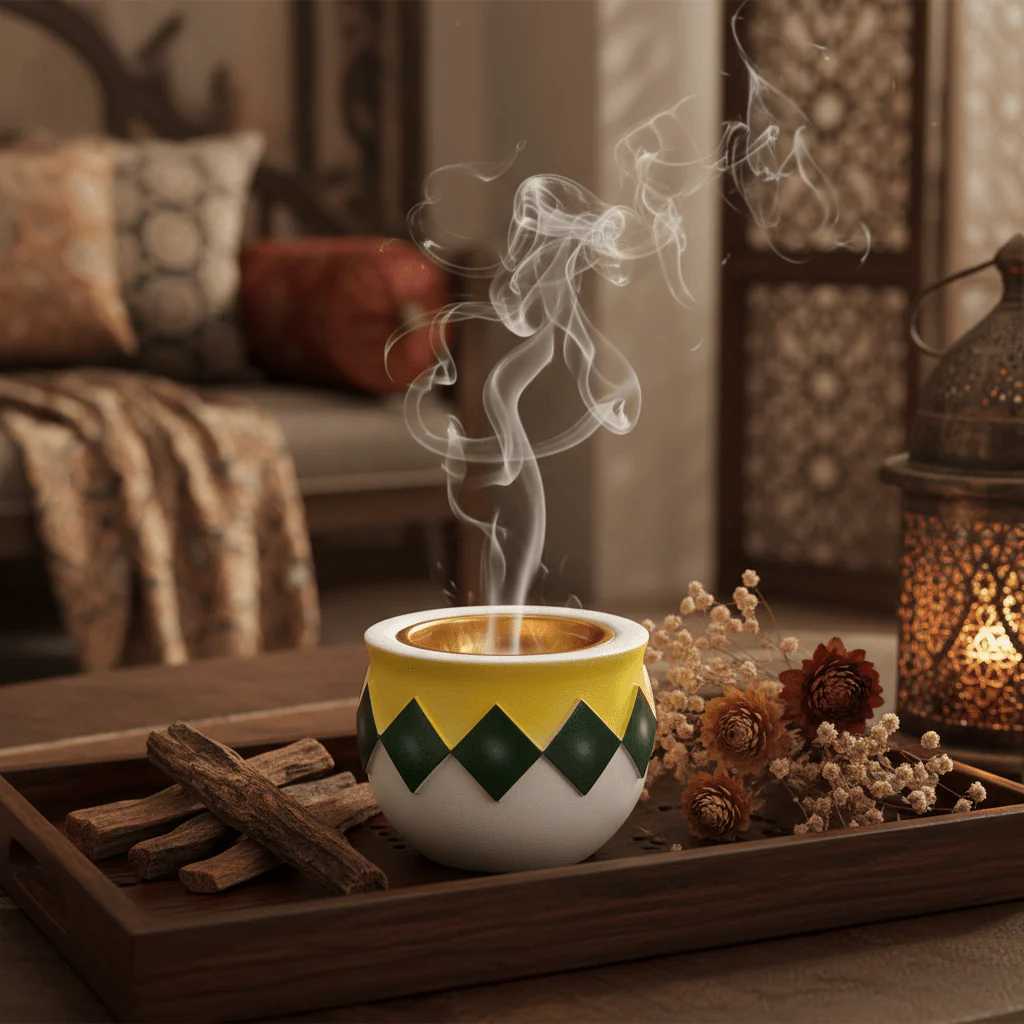 White, Yellow & Green Chevron Incense Burner | Gold Interior | 7×8 cm - Image 2