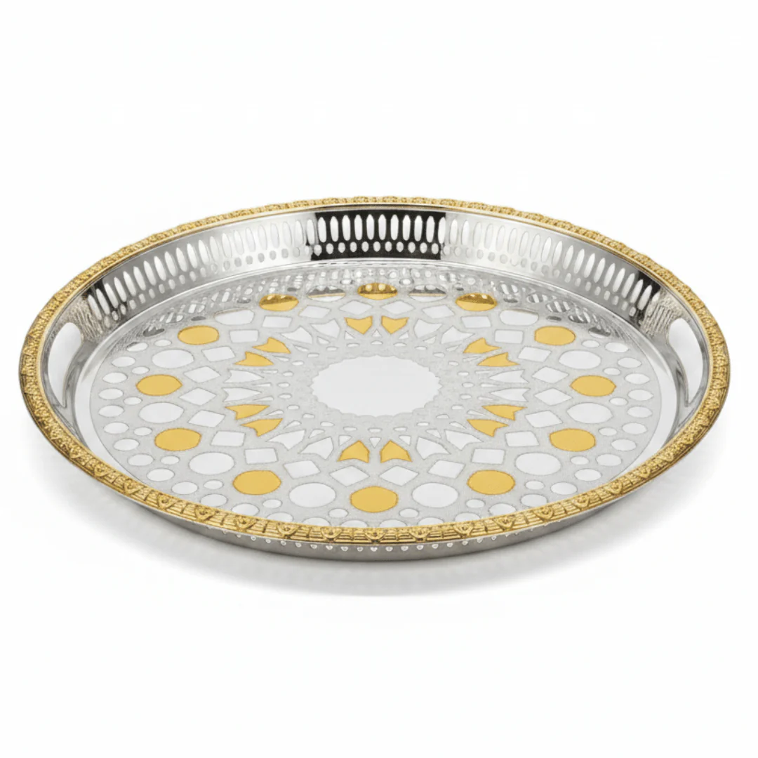 Windcera Luxury Oval Tray | Silver & Gold Stainless Steel | Arabic Geometric Pattern | 43×30cm