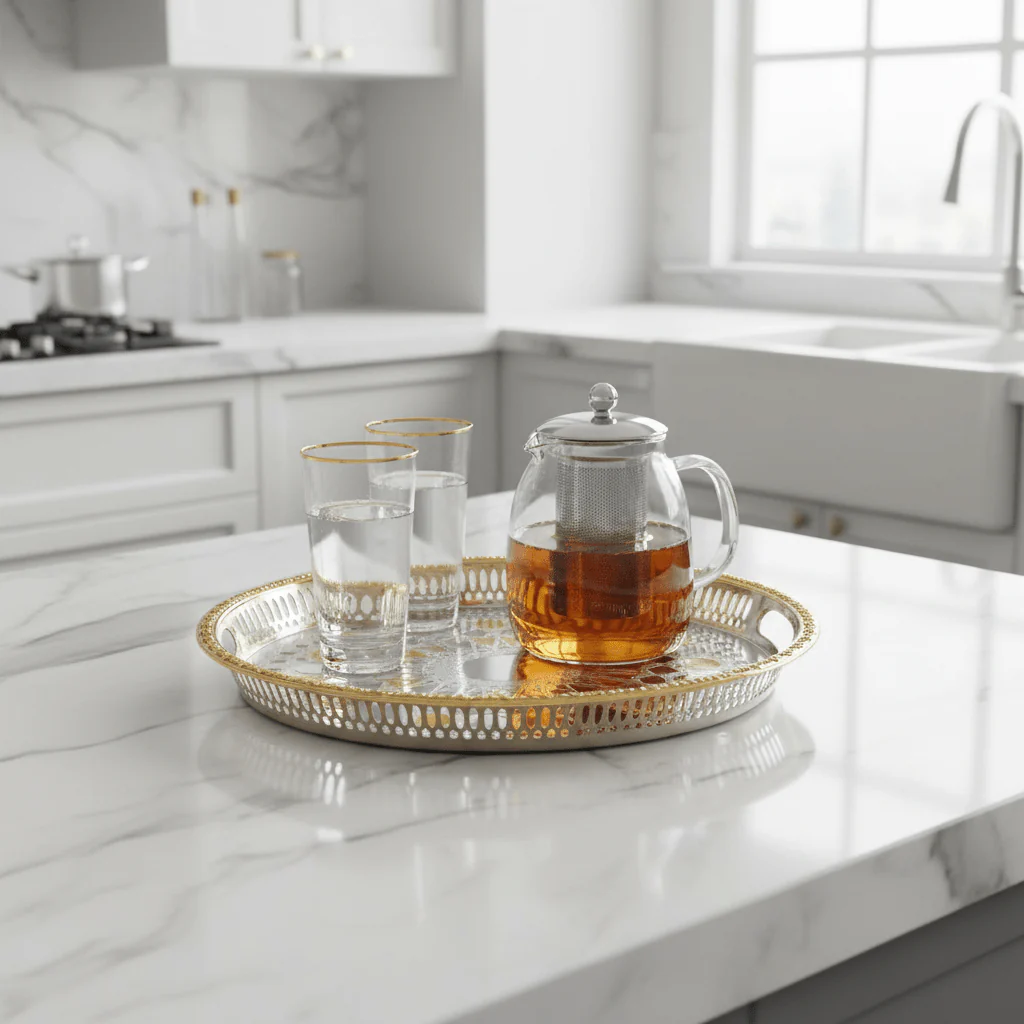 Windcera Luxury Oval Tray | Silver & Gold Stainless Steel | Arabic Geometric Pattern | 43×30cm - Image 4