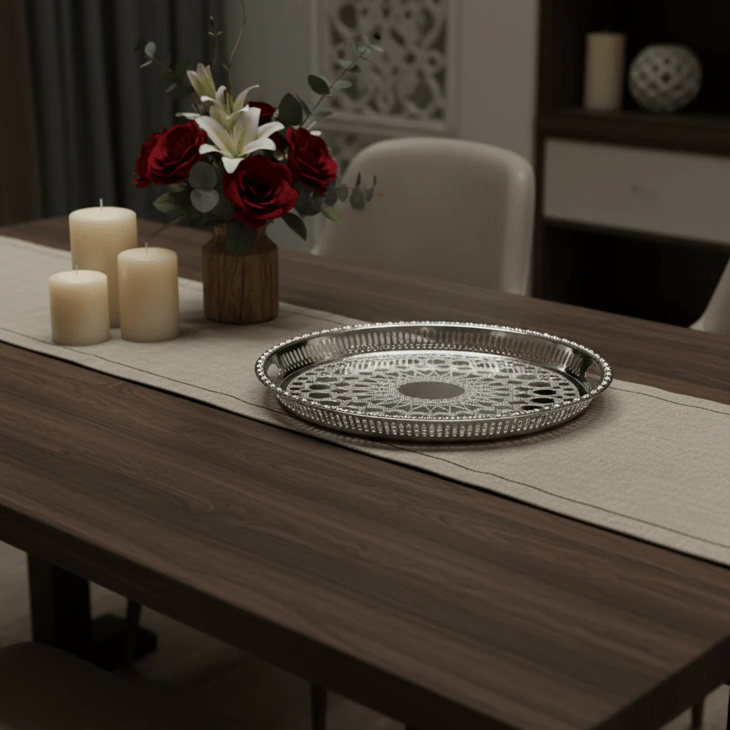 Windcera Silver Stainless Steel Oval Serving Tray | Arabic Geometric Lattice | 43×30cm - Image 4