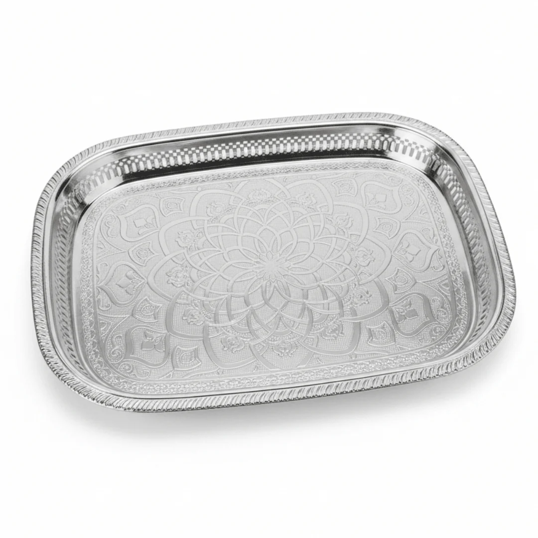 Windcera Silver Stainless Steel Serving Tray – 45×33cm | Arabic Mandala Engraving