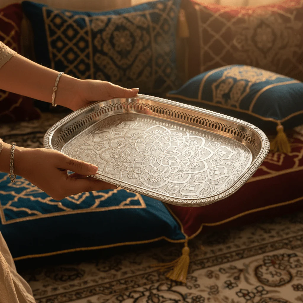 Windcera Silver Stainless Steel Serving Tray – 45×33cm | Arabic Mandala Engraving - Image 4