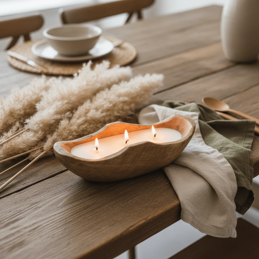Wooden Boat Candle Bowl | Triple Wick White Wax Candle in Natural Dough Bowl | Luxury Home Decor Centerpiece | 27×12cm - Image 2