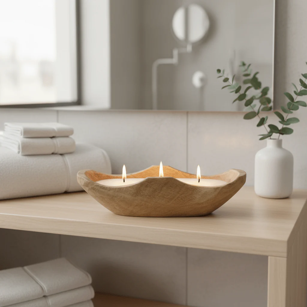 Wooden Boat Candle Bowl | Triple Wick White Wax Candle in Natural Dough Bowl | Luxury Home Decor Centerpiece | 27×12cm - Image 3