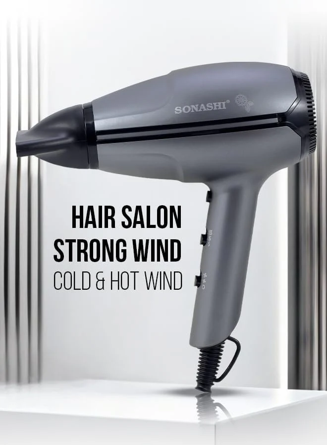 Sonashi Professional Hair Dryer With 2 Speed And 3 Heat Settings | Powerful Blow Dryer, Ionic Technology, Cool Shot Function, Lightweight And Stylish Design | Overheat Protection | SHD-5009 Grey 2400W - Image 2