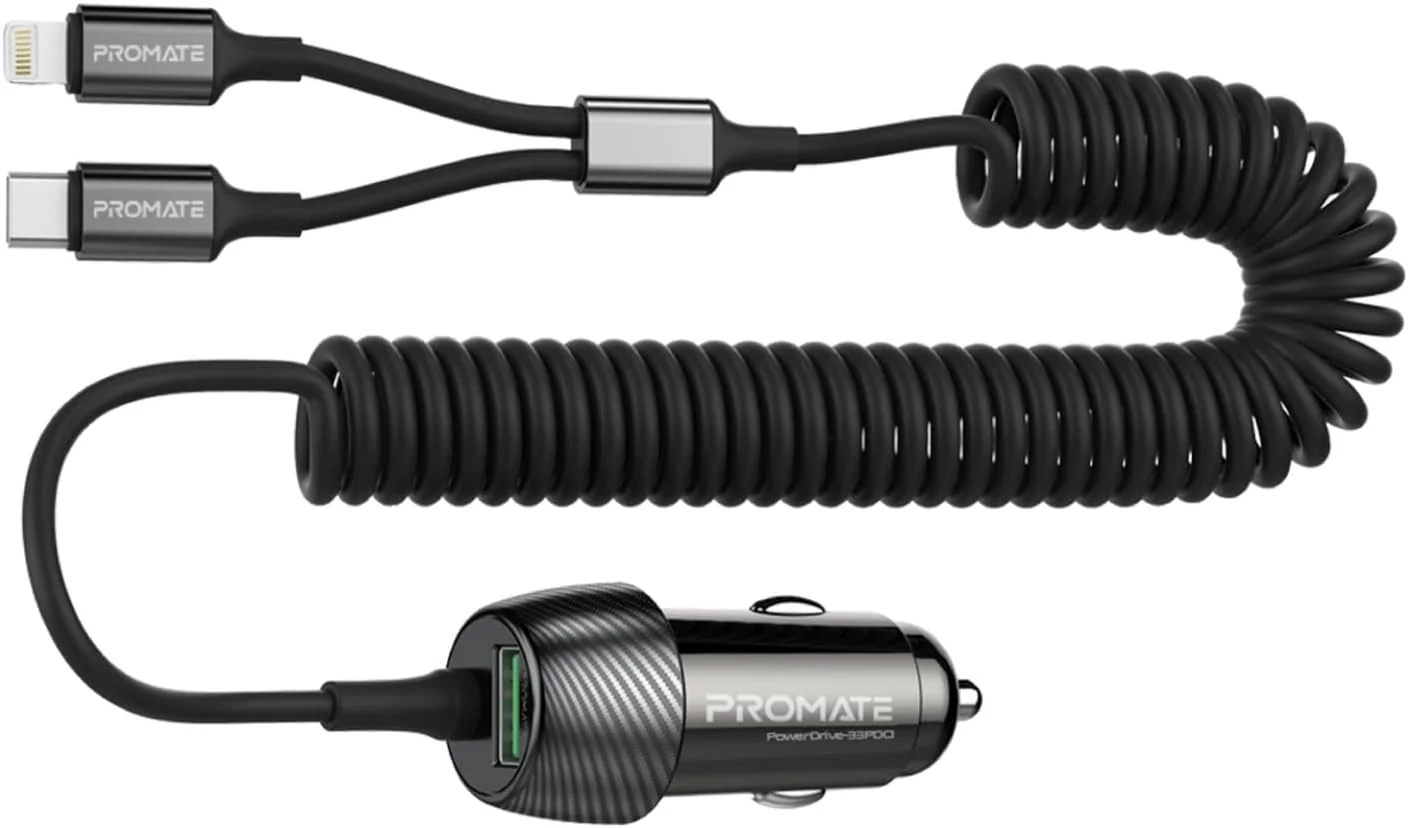 Promate Car Charger with Cable, Universal 33W Power Delivery DC Charger with Built-In 2-in-1 Splitter USB-C, Lightning Charging Coiled Cable and QC 3.0 USB Port for iPhone 17, Andriod PowerDrive-33DCI