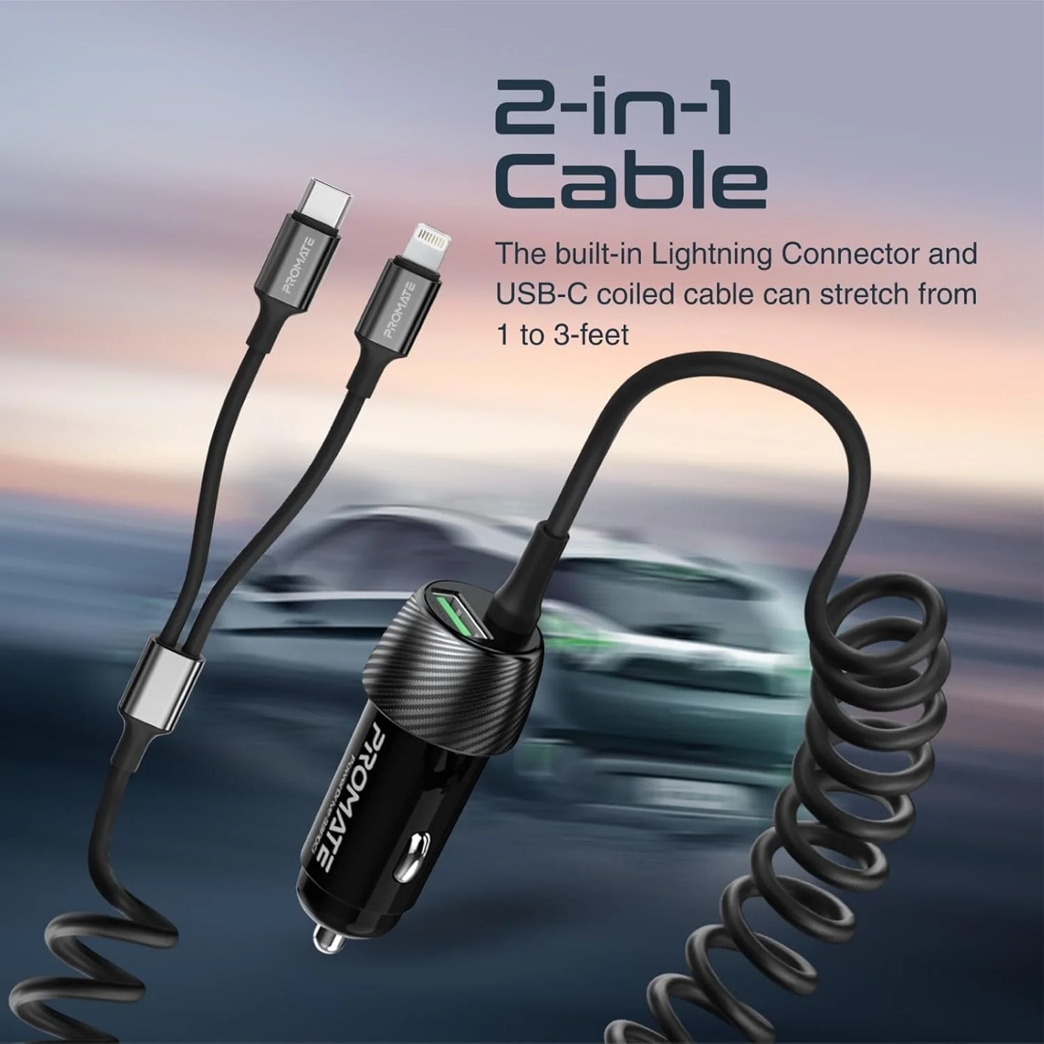 Promate Car Charger with Cable, Universal 33W Power Delivery DC Charger with Built-In 2-in-1 Splitter USB-C, Lightning Charging Coiled Cable and QC 3.0 USB Port for iPhone 17, Andriod PowerDrive-33DCI - Image 5