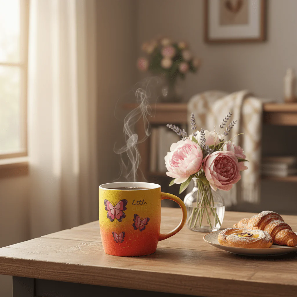 Little Cute Butterfly Ceramic Mug — Yellow & Red Gradient | 350ml - Image 2