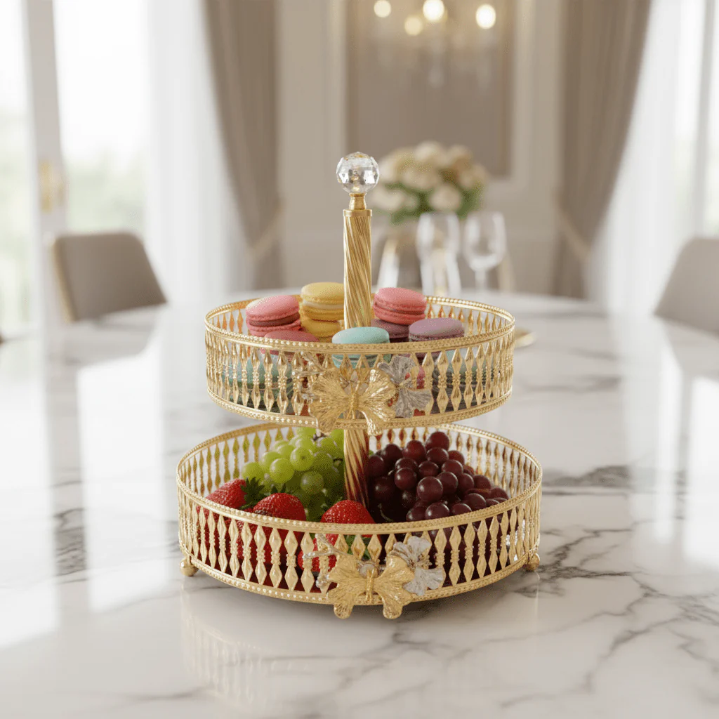 Yilsa Round 2-Tier Glass Fruit Stand with Gold Metal Frame – Stylish Dessert & Fruit Serving Tray for Home Décor – 20 × 25 × 30 cm - Image 2