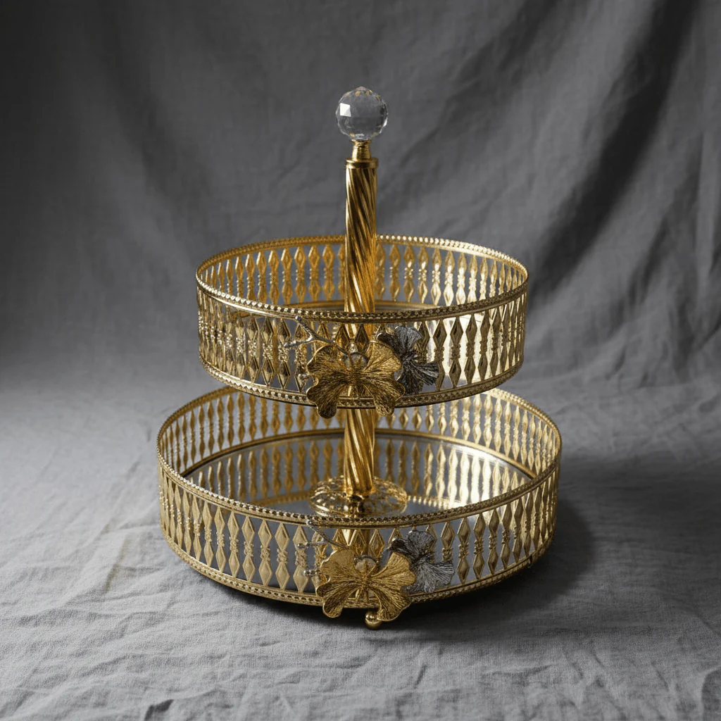 Yilsa Round 2-Tier Glass Fruit Stand with Gold Metal Frame – Stylish Dessert & Fruit Serving Tray for Home Décor – 20 × 25 × 30 cm - Image 3