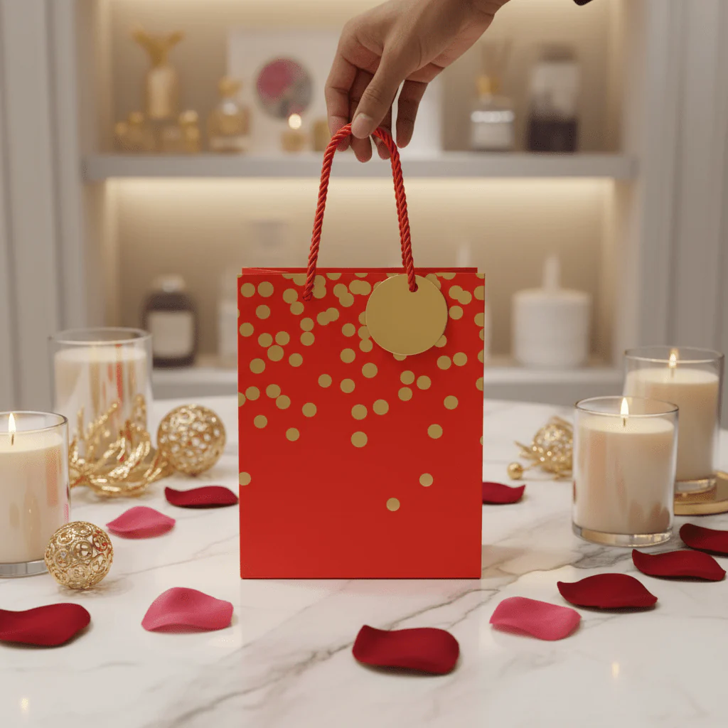 Yina Red & Gold Polka Dot Paper Gift Bag with Twisted Rope Handles & Tag | 23×18cm | - Image 3