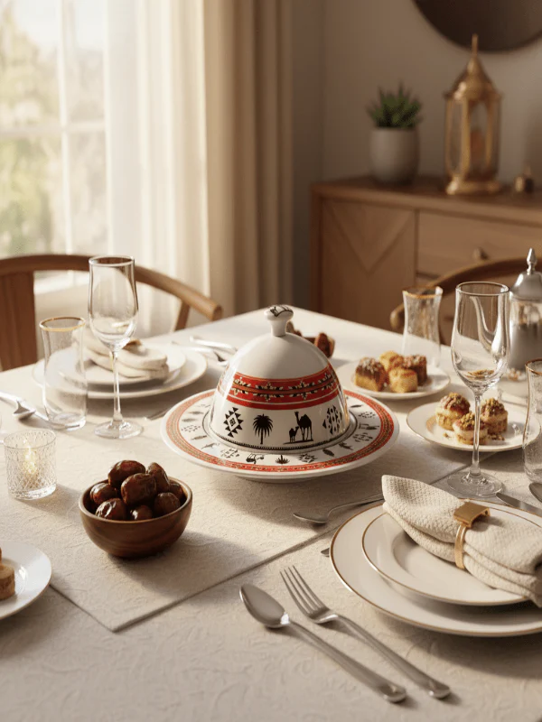 Yuniverse Melamine Serving Tray with Dome Lid – 32 cm White with Arabian Pattern Design - Image 2