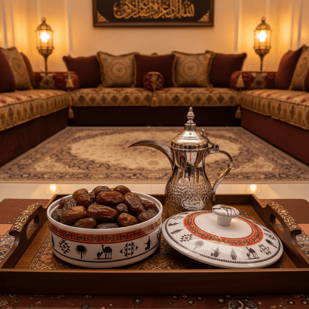Yuniverse Melamine Round Dates Bowl with Lid | Arabian Heritage Camel & Palm Tree Design | 18×6 cm - Image 2