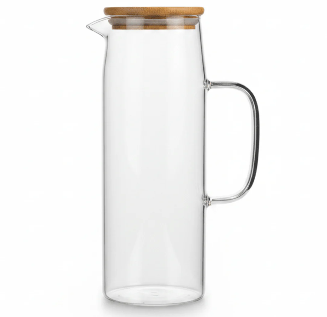 Yuniverse Modern Clear Glass Water Jug with Natural Wooden Lid – Minimalist Beverage Server (1.5 L)