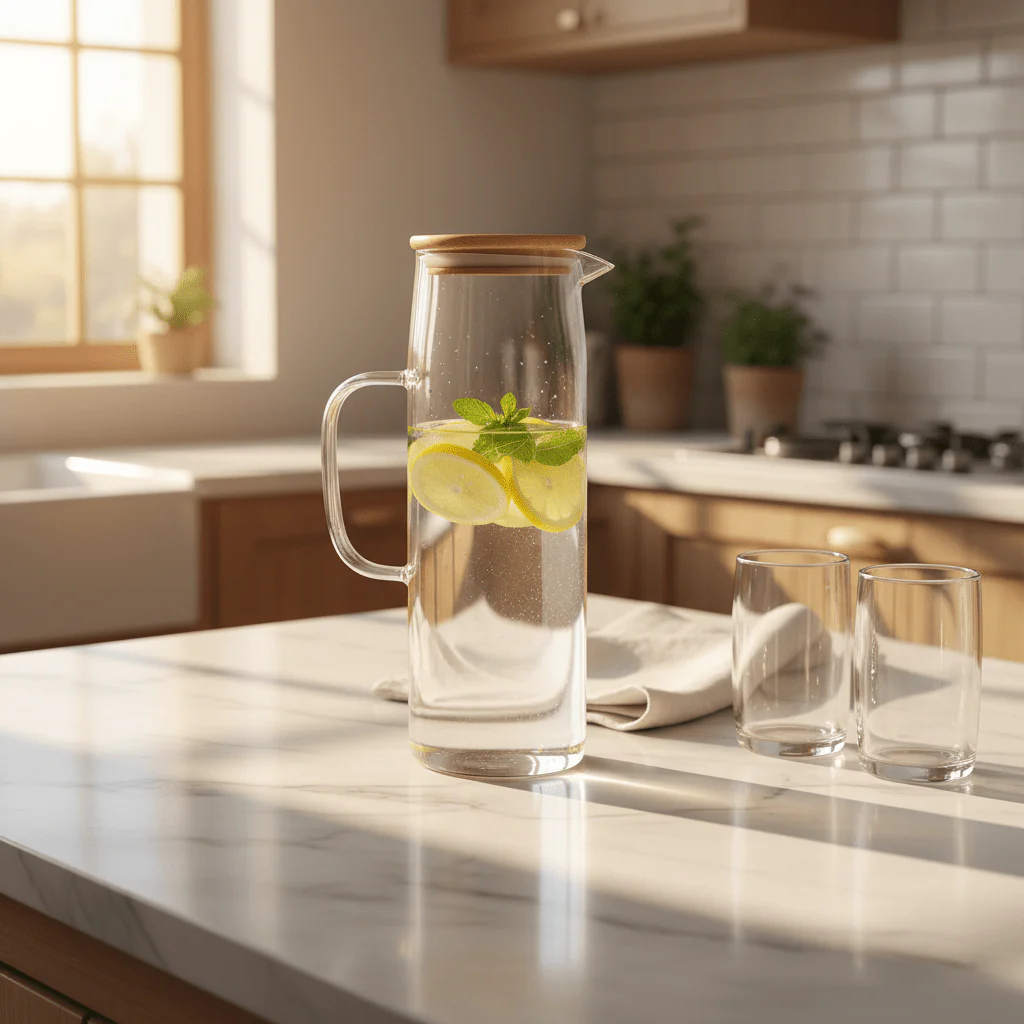 Yuniverse Modern Clear Glass Water Jug with Natural Wooden Lid – Minimalist Beverage Server (1.5 L) - Image 2