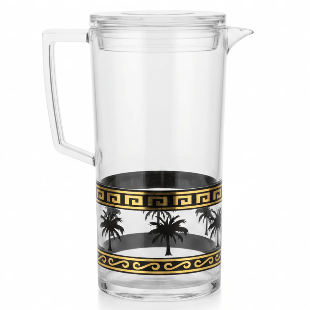 Yuniverse Palm Oasis Designer Clear Acrylic Beverage Jug with Black Palm Tree Tropical Print β 2 Litre