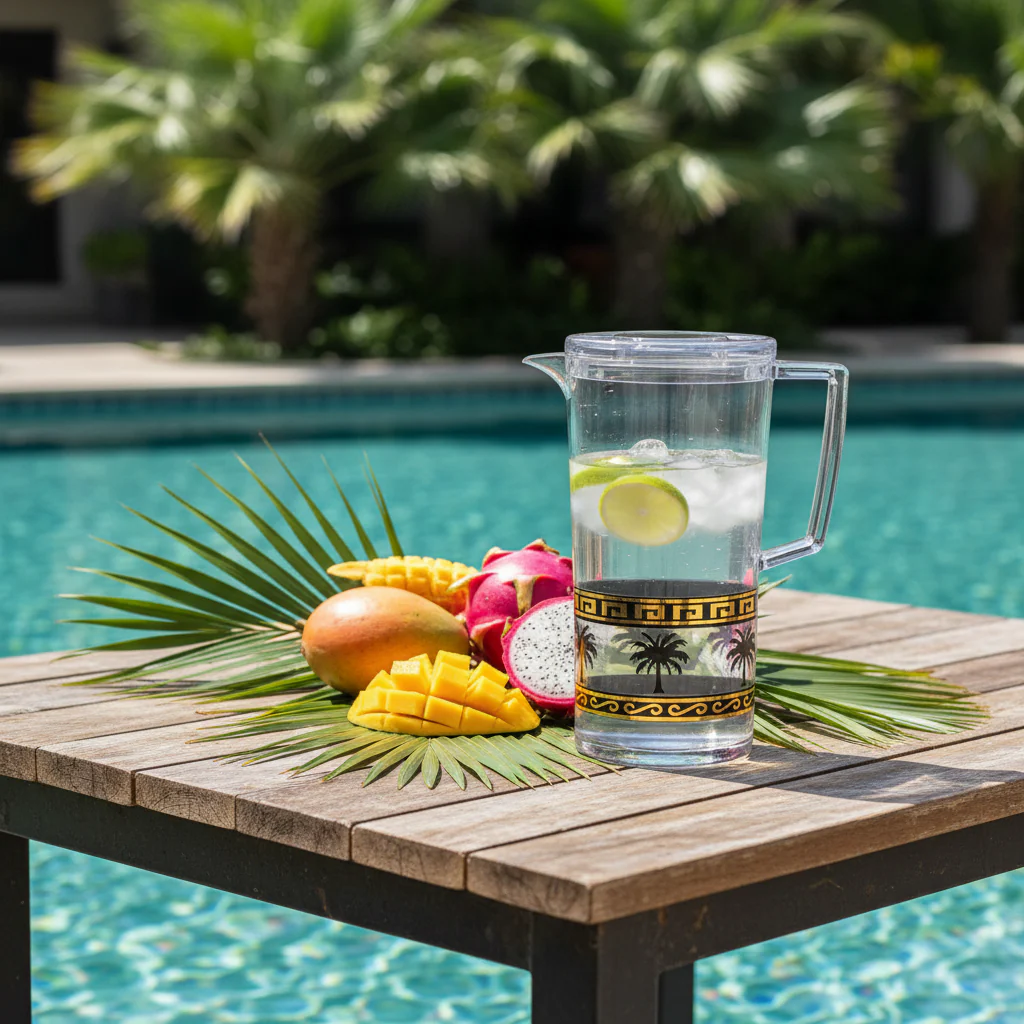 Yuniverse Palm Oasis Designer Clear Acrylic Beverage Jug with Black Palm Tree Tropical Print β 2 Litre - Image 2