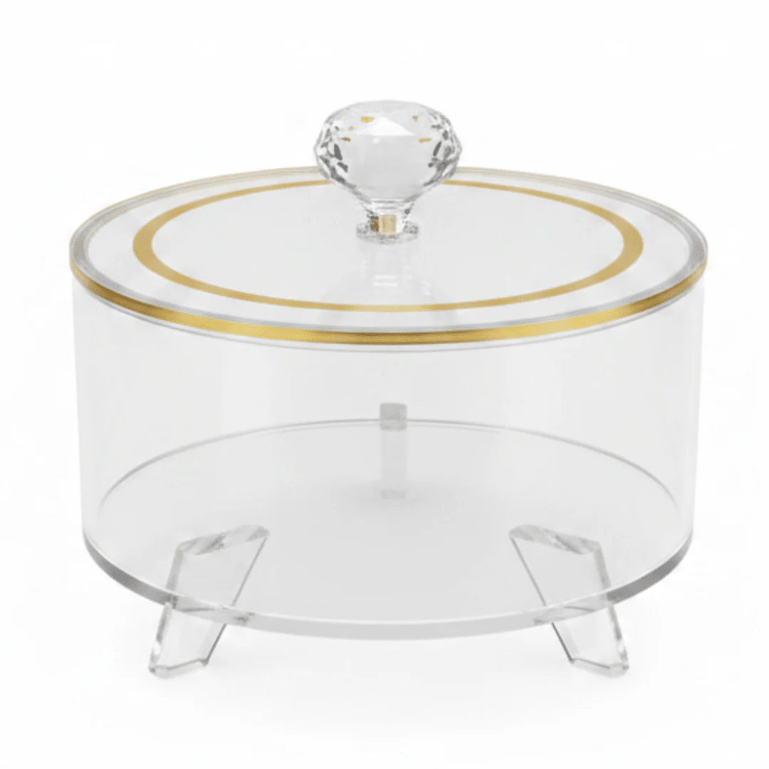Yuniverse Round Acrylic Candy Box with Lid | Crystal Knob | Gold Rim | 16×10 cm