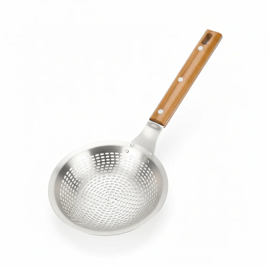 Yuniverse Large Stainless Steel Colander with Wooden Handle – 20cm Head | 44cm Long