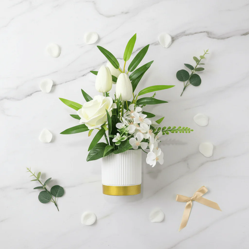 Zeem Off-White & White Artificial Flower Plant | White Ribbed Vase with Gold Base | 30cm - Image 2