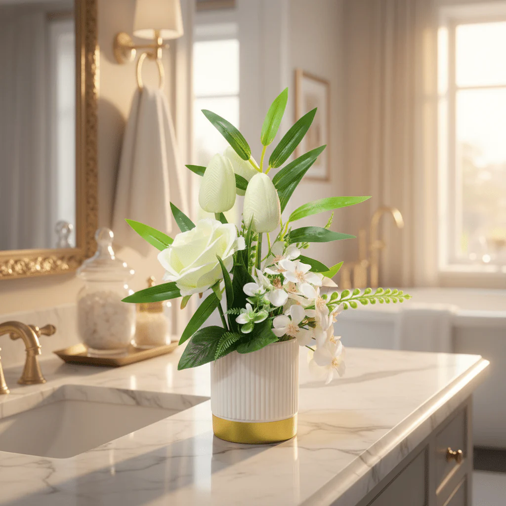 Zeem Off-White & White Artificial Flower Plant | White Ribbed Vase with Gold Base | 30cm - Image 3
