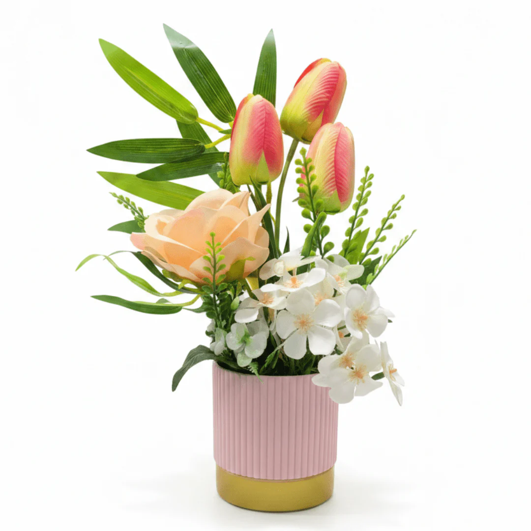 Zeem Artificial Flower Arrangement | Pink Tulips, Peach Rose & White Orchids in Pink Ribbed Vase | 30cm