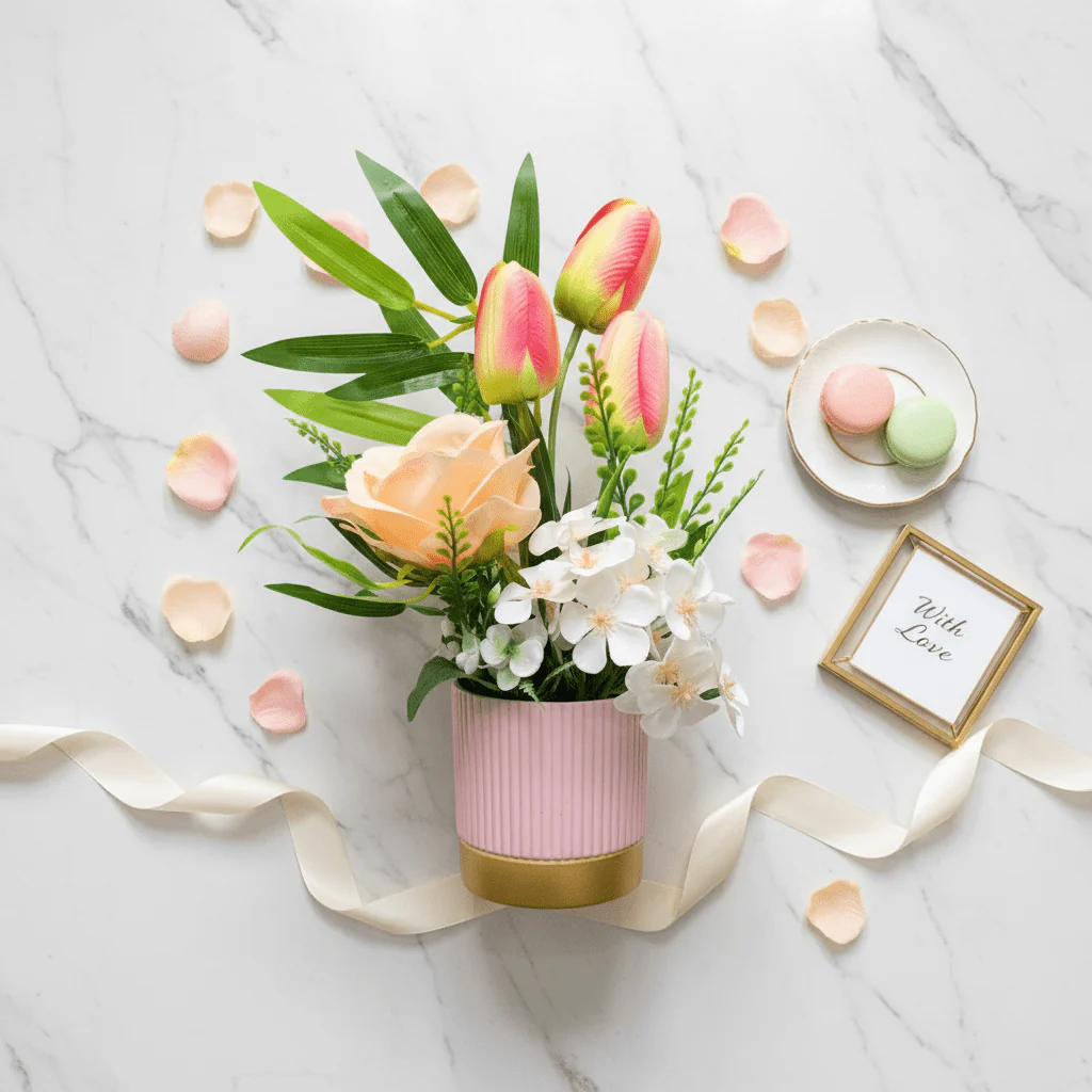 Zeem Artificial Flower Arrangement | Pink Tulips, Peach Rose & White Orchids in Pink Ribbed Vase | 30cm - Image 3