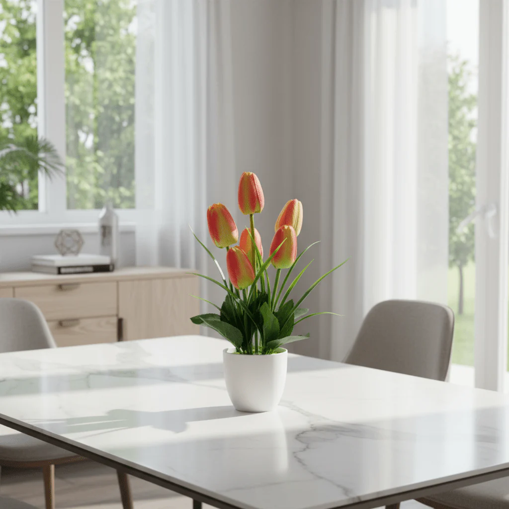 Zeem Red & Green Artificial Tulip Bouquet with White Plastic Vase | 33cm - Image 3