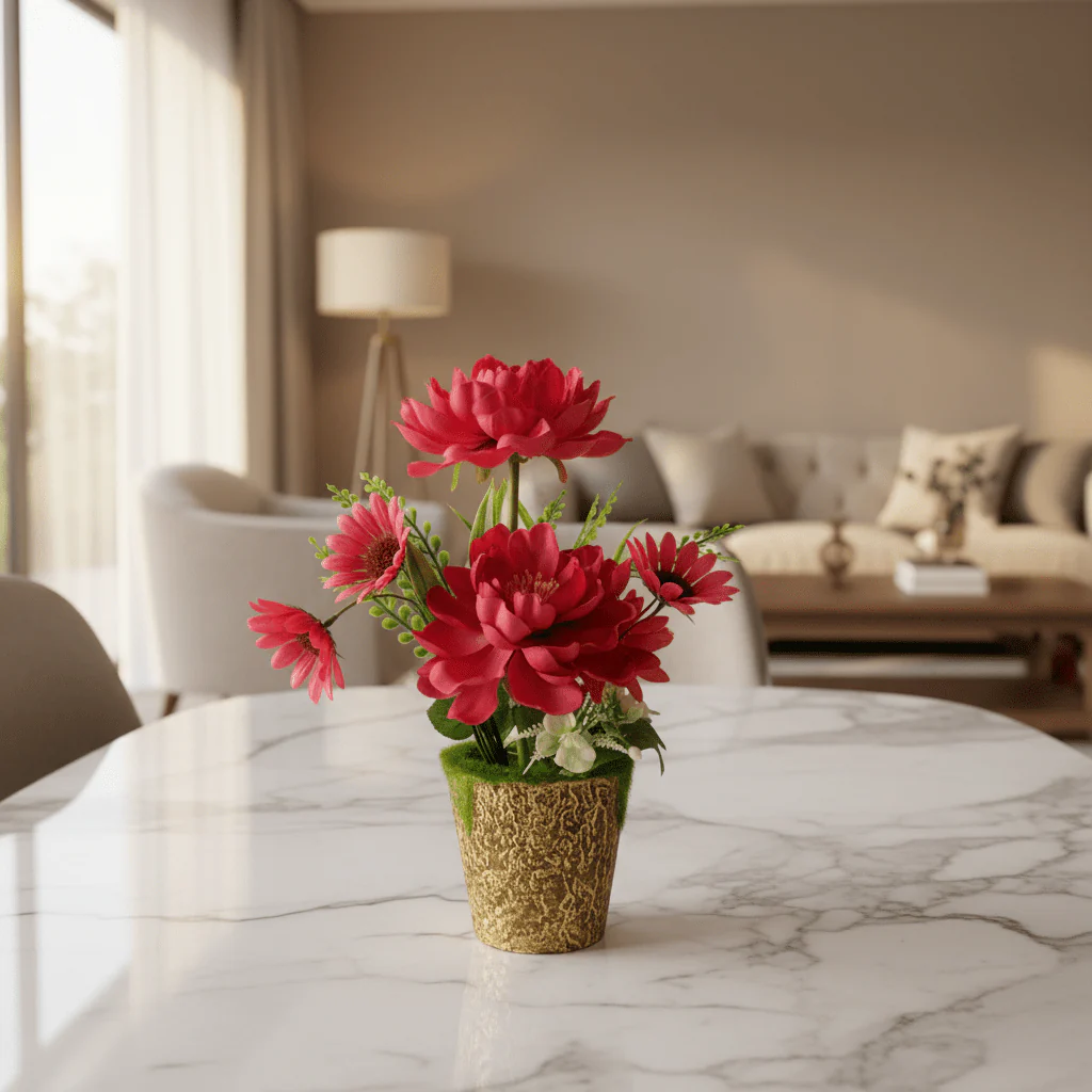 Zeem Red Artificial Flower Plant | Elegant Chalk Pot | 30cm | Premium Silk Blooms - Image 2