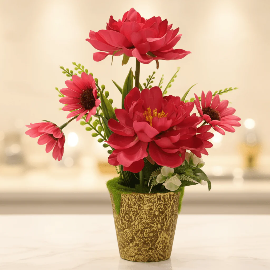 Zeem Red Artificial Flower Plant | Elegant Chalk Pot | 30cm | Premium Silk Blooms - Image 4
