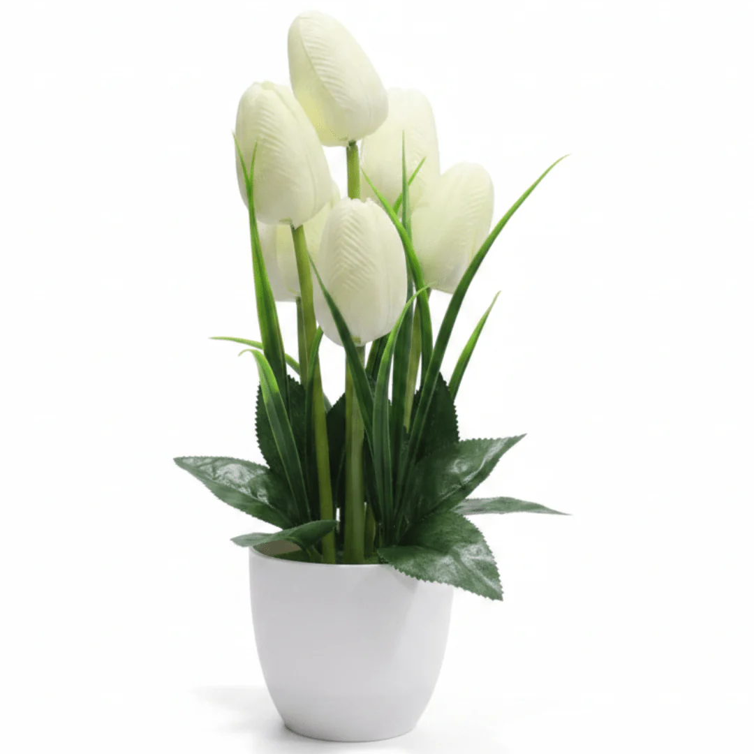 Zeem White & Green Artificial Tulip Bouquet | White Plastic Vase | 33cm