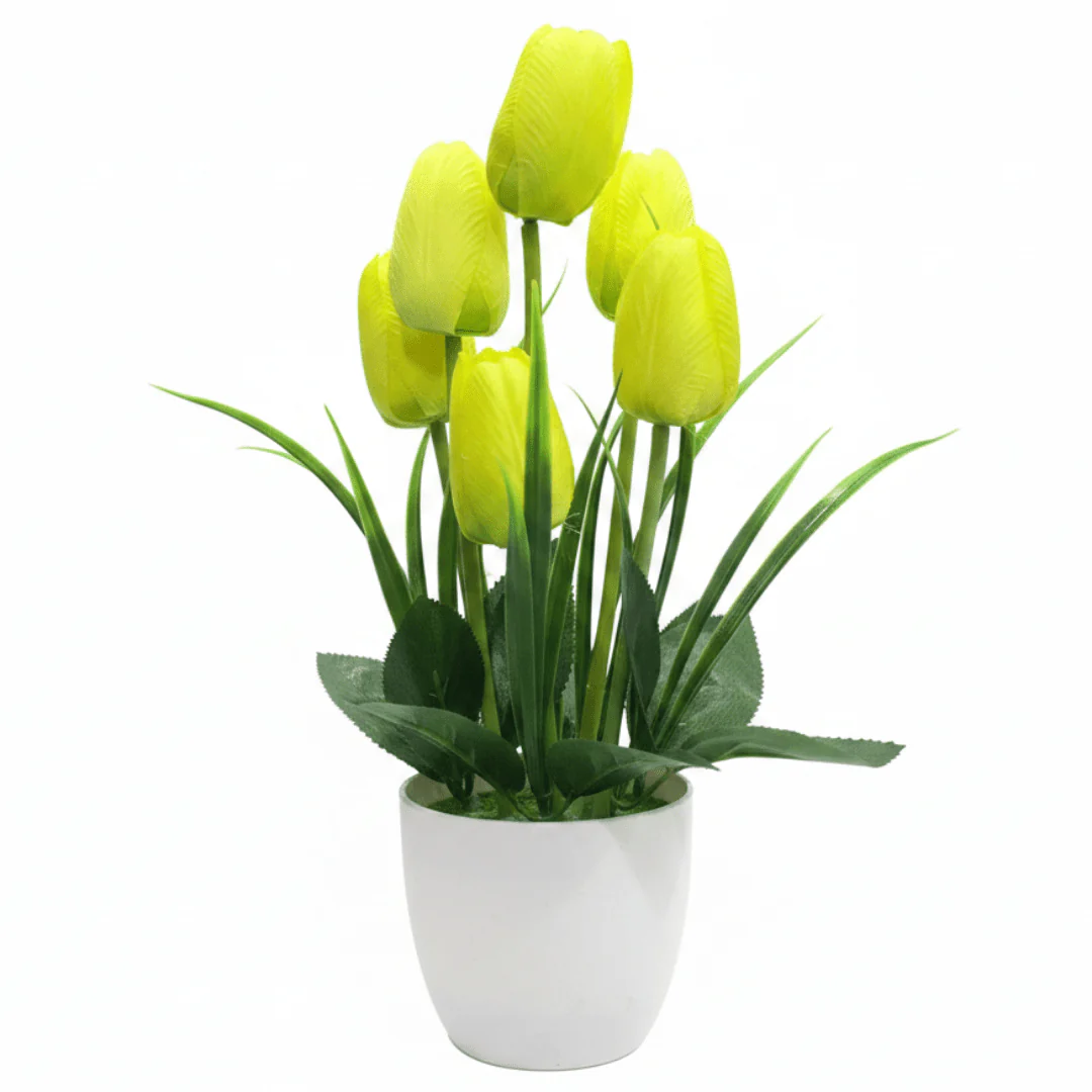 Zeem Artificial Yellow & Green Tulip Flower Arrangement in White Plastic Vase — 33cm