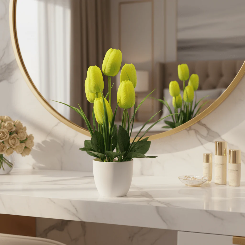 Zeem Artificial Yellow & Green Tulip Flower Arrangement in White Plastic Vase — 33cm - Image 2