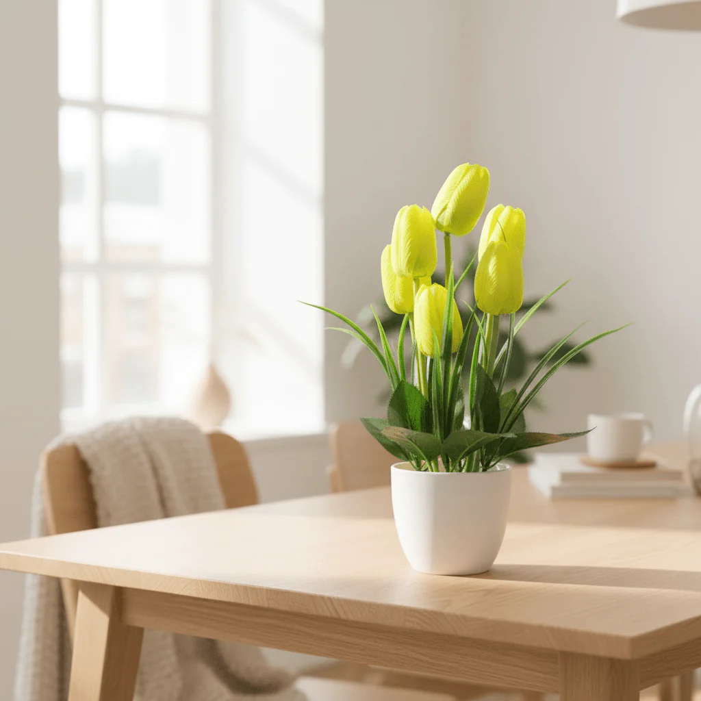 Zeem Artificial Yellow & Green Tulip Flower Arrangement in White Plastic Vase — 33cm - Image 3