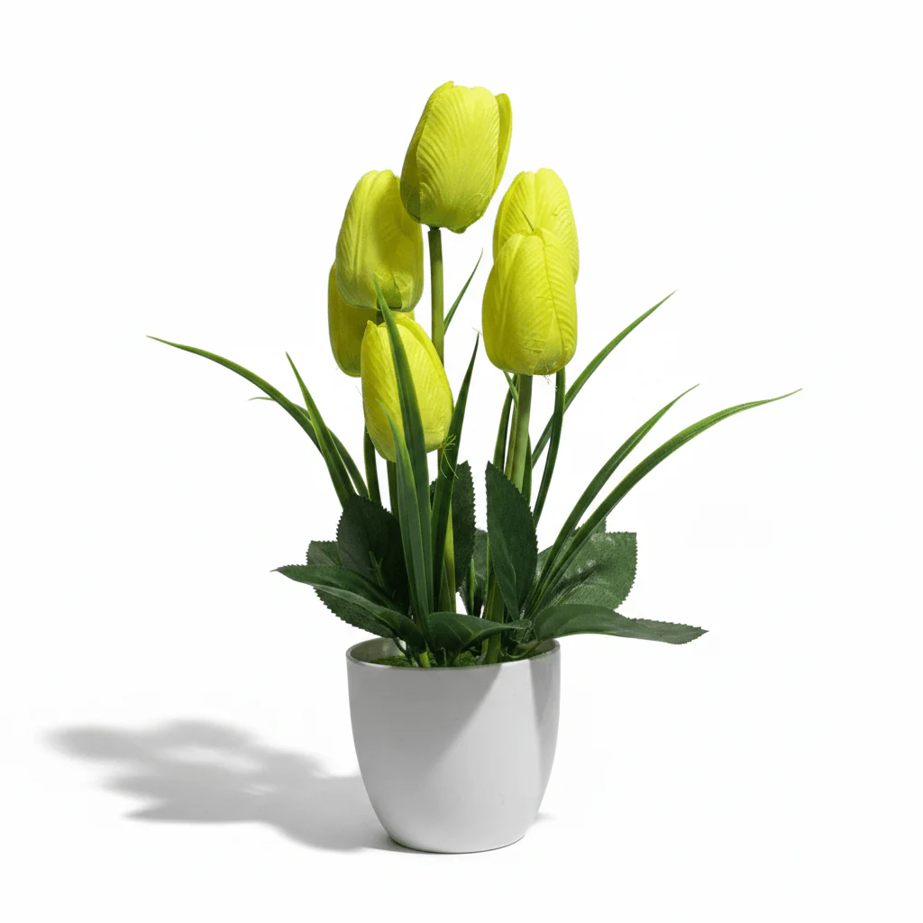 Zeem Artificial Yellow & Green Tulip Flower Arrangement in White Plastic Vase — 33cm - Image 4