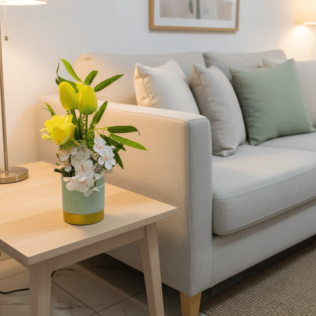ZEEM Artificial Flower Arrangement Yellow Tulip & White Orchid | Sage Green Vase | 30cm - Image 3